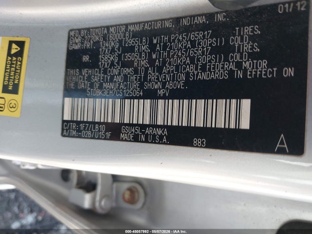 Продаж на аукціоні авто 2012 Toyota Highlander Se V6, vin: 5TDBK3EH7CS125064, номер лоту: 45057992