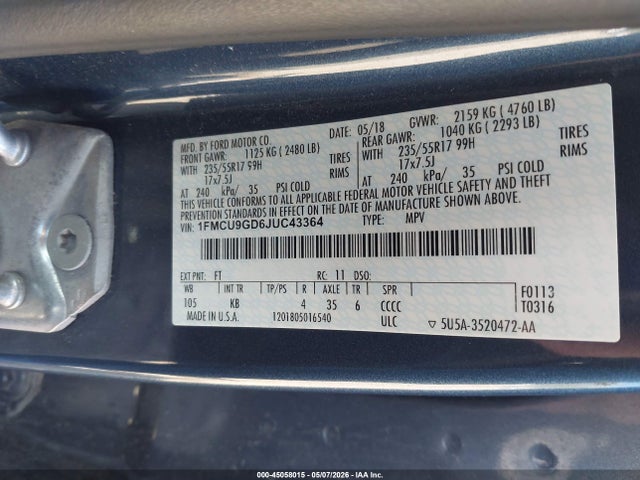 Ford ESCAPE SE 2018 1FMCU9GD6JUC43364 Image 9