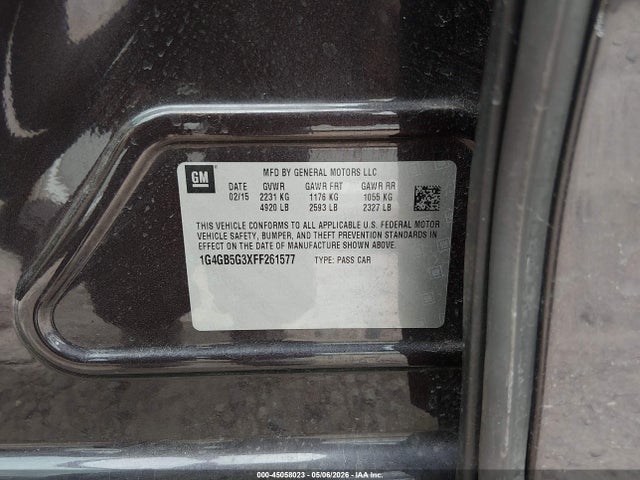 45058023 :رقم المزاد ، 1G4GB5G3XFF261577 vin ، 2015 Buick Lacrosse Leather مزاد بيع