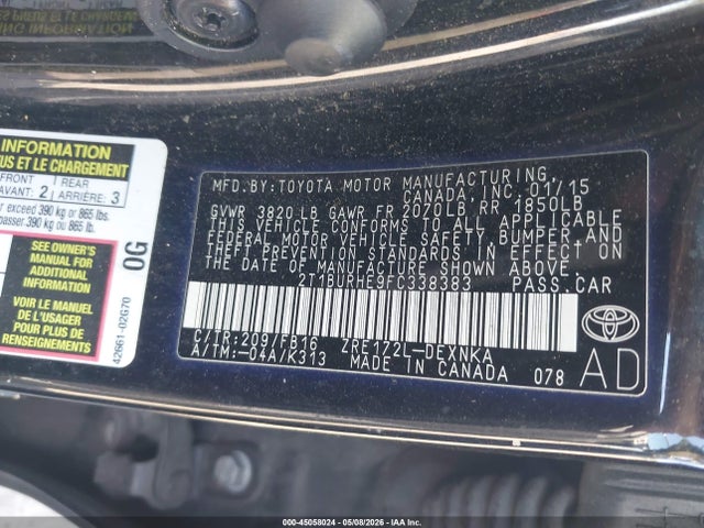 45058024 :رقم المزاد ، 2T1BURHE9FC338383 vin ، 2015 Toyota Corolla Le مزاد بيع