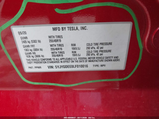 Продажа на аукционе авто 2020 Tesla Model Y Long Range Dual Motor All-wheel Drive, vin: 5YJYGDEE8LF010016, номер лота: 45058027