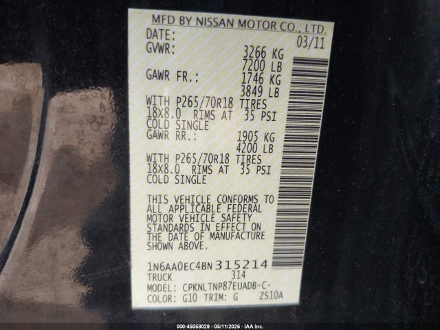 Продаж на аукціоні авто 2011 Nissan Titan Sv, vin: 1N6AA0EC4BN315214, номер лоту: 45058029