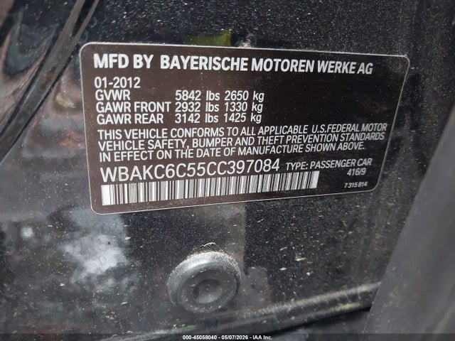 Продажа на аукционе авто 2012 Bmw 750i Xdrive, vin: WBAKC6C55CC397084, номер лота: 45058040
