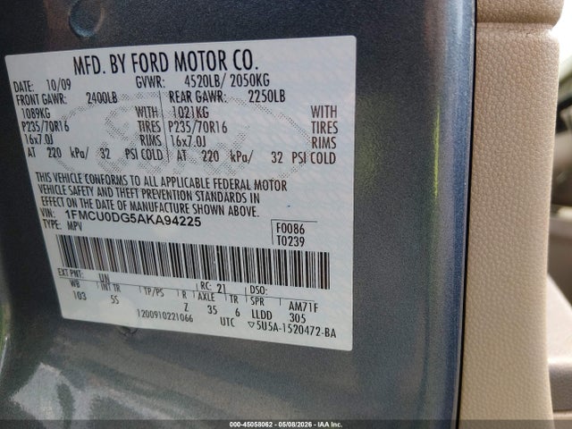 Продаж на аукціоні авто 2010 Ford Escape Xlt, vin: 1FMCU0DG5AKA94225, номер лоту: 45058062