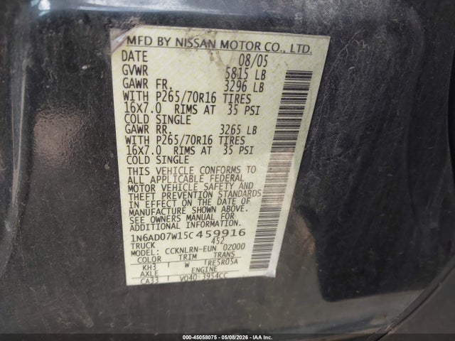 Aukcja sprzedaży 2005 Nissan Frontier Se, vin: 1N6AD07W15C459916, numer aukcji: 45058075