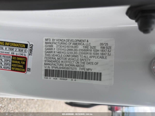 Продаж на аукціоні авто 2025 Honda Odyssey Ex-l, vin: 5FNRL6H68SB075270, номер лоту: 45058088