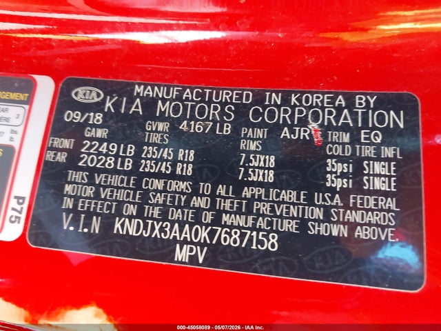45058089 :رقم المزاد ، KNDJX3AA0K7687158 vin ، 2019 Kia Soul ! مزاد بيع