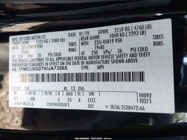 Продаж на аукціоні авто 2019 Ford Escape Se, vin: 1FMCU9GD7KUA73565, номер лоту: 45058092