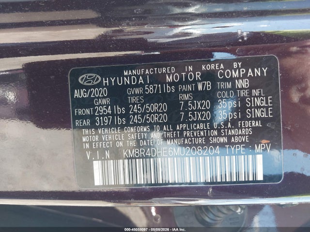 45058097 :رقم المزاد ، KM8R4DHE6MU208204 vin ، 2021 Hyundai Palisade Sel مزاد بيع