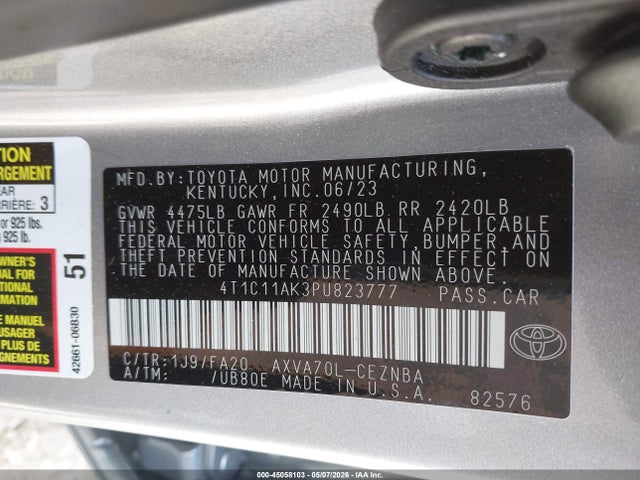 45058103 :رقم المزاد ، 4T1C11AK3PU823777 vin ، 2023 Toyota Camry Le مزاد بيع