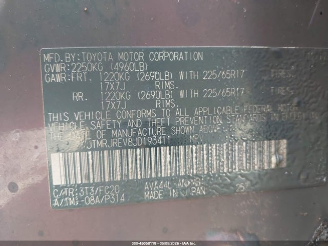 JTMRJREV8JD193411 Toyota Rav4 Hybrid Le
