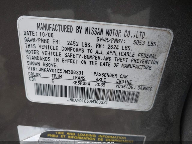 45058122 :رقم المزاد ، JNKAY01E57M306331 vin ، 2007 Infiniti M35 مزاد بيع