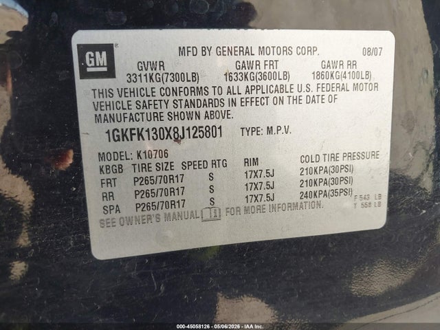 Aukcja sprzedaży 2008 Gmc Yukon Slt, vin: 1GKFK130X8J125801, numer aukcji: 45058126