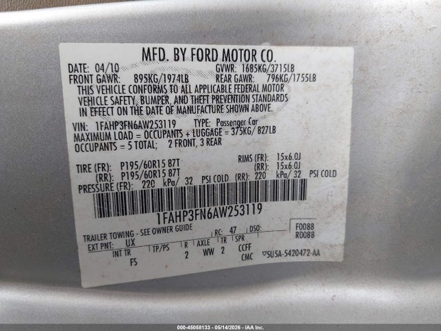 Auction sale of the 2010 Ford Focus Se, vin: 1FAHP3FN6AW253119, lot number: 45058133