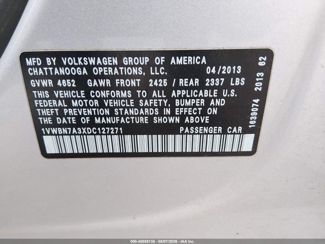 Продаж на аукціоні авто 2013 Volkswagen Passat 2.0l Tdi Se, vin: 1VWBN7A3XDC127271, номер лоту: 45058138