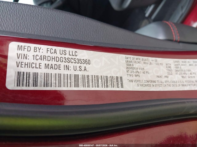 Продажа на аукционе авто 2025 Dodge Durango Gt Rwd, vin: 1C4RDHDG3SC535360, номер лота: 45058147