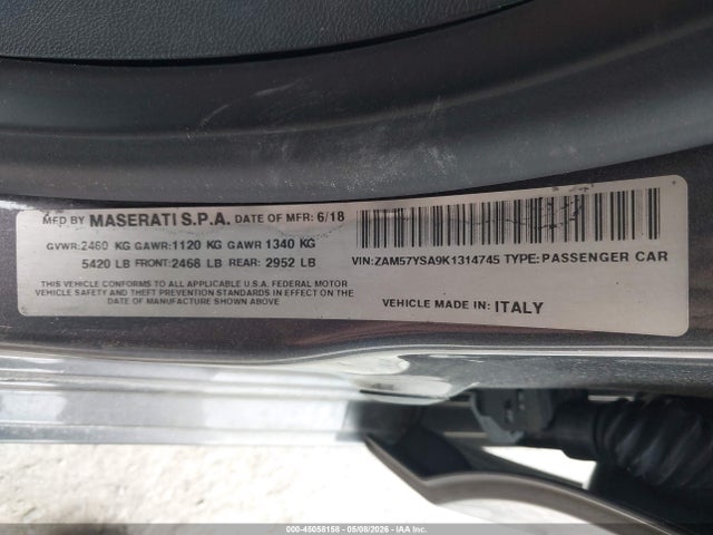 2019 Maserati Ghibli S მანქანა იყიდება აუქციონზე, vin: ZAM57YSA9K1314745, აუქციონის ნომერი: 45058158