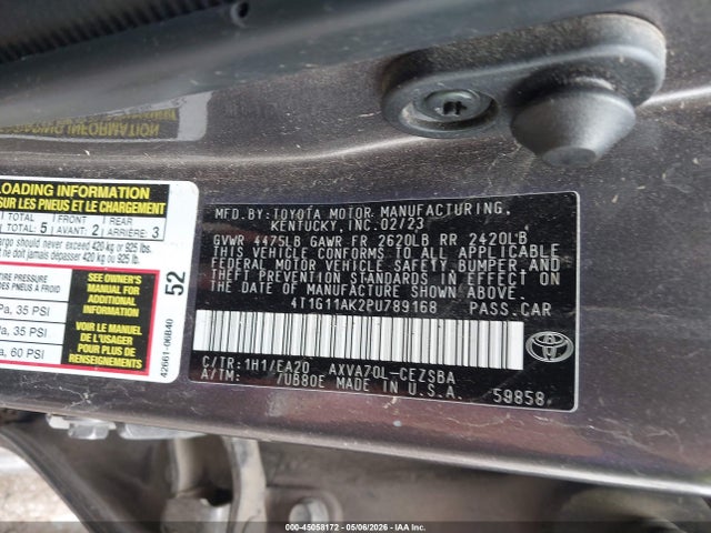 45058172 :رقم المزاد ، 4T1G11AK2PU789168 vin ، 2023 Toyota Camry Se مزاد بيع