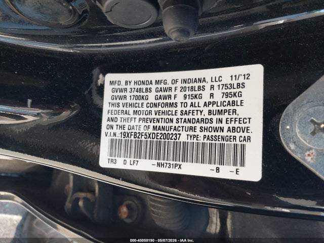 Продажа на аукционе авто 2013 Honda Civic Lx, vin: 19XFB2F5XDE200237, номер лота: 45058190