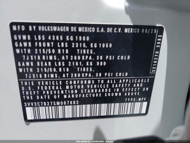 2025 Volkswagen Taos 1.5t Se Black მანქანა იყიდება აუქციონზე, vin: 3VV3C7B27SM087683, აუქციონის ნომერი: 45058191
