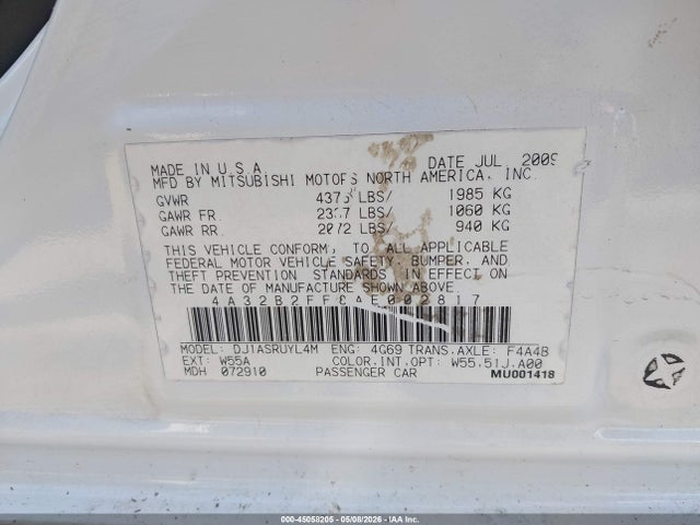 45058205 :رقم المزاد ، 4A32B2FF8AE002817 vin ، 2010 Mitsubishi Galant Fe مزاد بيع