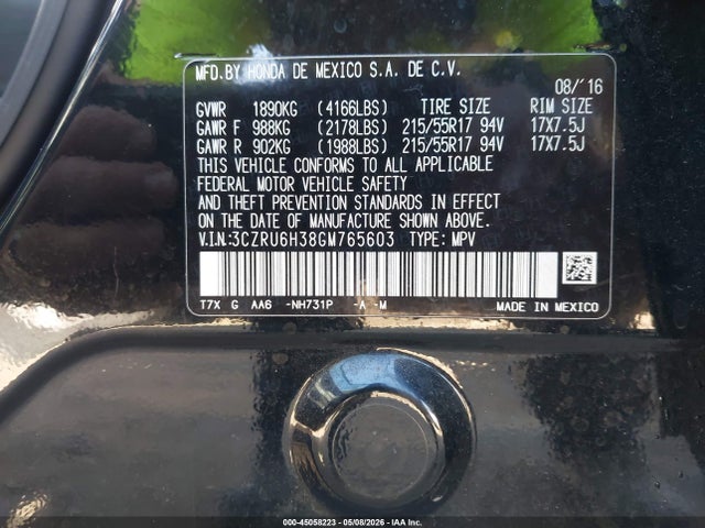 Продажа на аукционе авто 2016 Honda Hr-v Lx, vin: 3CZRU6H38GM765603, номер лота: 45058223