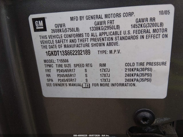 Продажа на аукционе авто 2006 Gmc Envoy Sle, vin: 1GKDT13S662202189, номер лота: 45058225