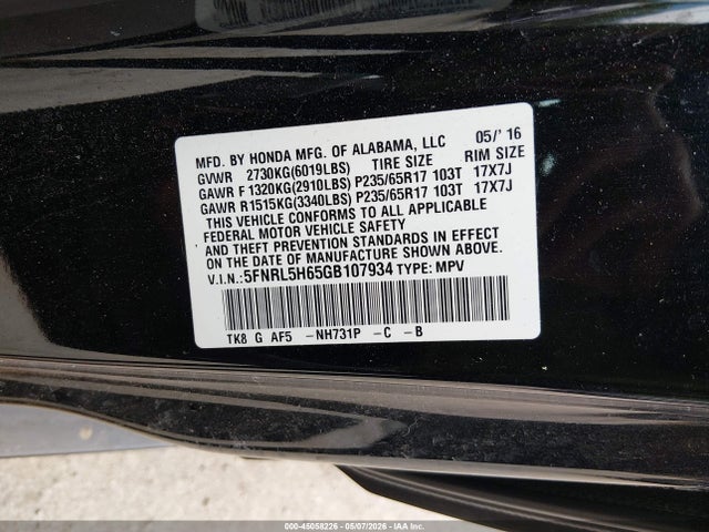 Продажа на аукционе авто 2016 Honda Odyssey Ex-l, vin: 5FNRL5H65GB107934, номер лота: 45058226