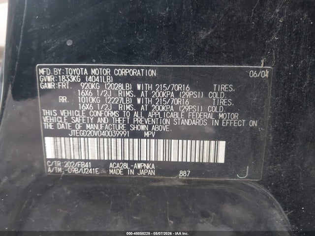 Aukcja sprzedaży 2004 Toyota Rav4, vin: JTEGD20V040039991, numer aukcji: 45058228