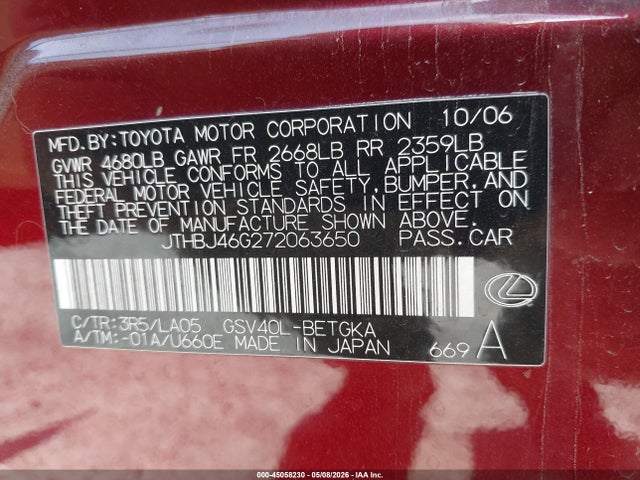 Aukcja sprzedaży 2007 Lexus Es 350, vin: JTHBJ46G272063650, numer aukcji: 45058230