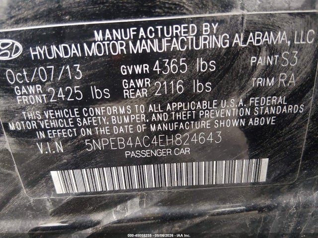 Aukcja sprzedaży 2014 Hyundai Sonata Gls, vin: 5NPEB4AC4EH824643, numer aukcji: 45058235