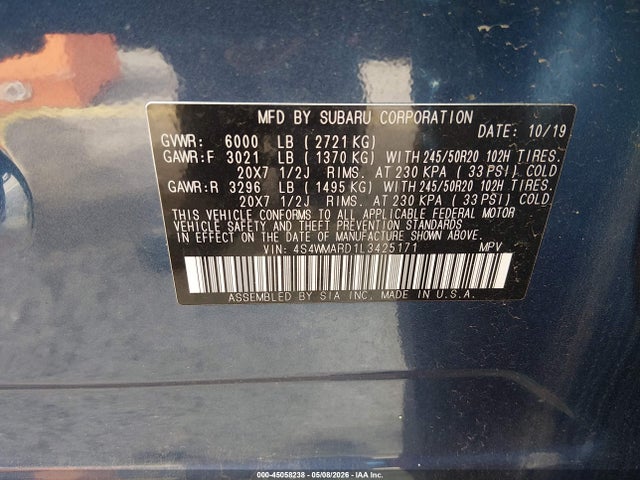 45058238 :رقم المزاد ، 4S4WMARD1L3425171 vin ، 2020 Subaru Ascent Touring مزاد بيع