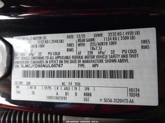 Aukcja sprzedaży 2022 Lincoln Corsair Standard, vin: 5LMCJ1D90NUL00767, numer aukcji: 45058248