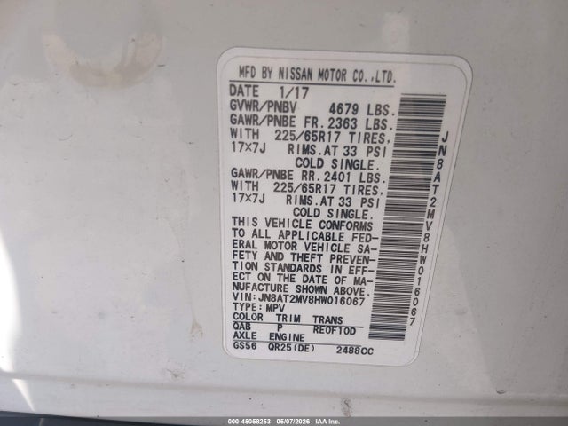 Aukcja sprzedaży 2017 Nissan Rogue Sv, vin: JN8AT2MV8HW016067, numer aukcji: 45058253
