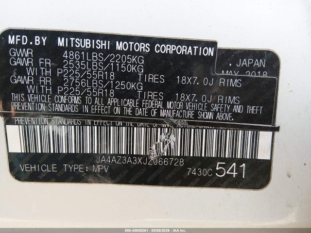 2018 Mitsubishi Outlander Es/le/se/sel მანქანა იყიდება აუქციონზე, vin: JA4AZ3A3XJZ066728, აუქციონის ნომერი: 45058261