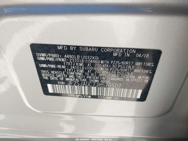 45058267 :رقم المزاد ، JF2SJAGC7JH576507 vin ، 2018 Subaru Forester 2.5i Premium مزاد بيع