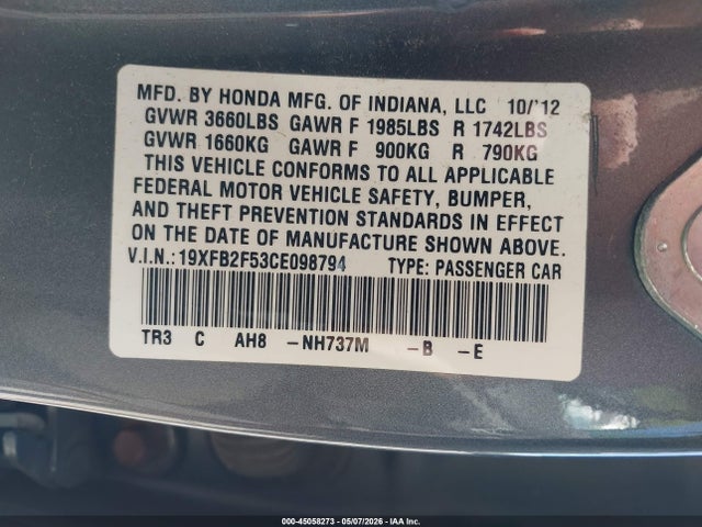 2012 Honda Civic Lx მანქანა იყიდება აუქციონზე, vin: 19XFB2F53CE098794, აუქციონის ნომერი: 45058273