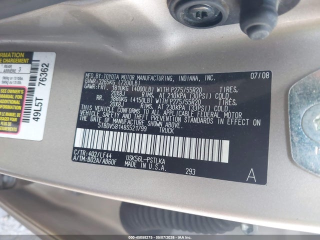 2008 Toyota Tundra Limited 5.7l V8 მანქანა იყიდება აუქციონზე, vin: 5TBDV58148S521799, აუქციონის ნომერი: 45058275