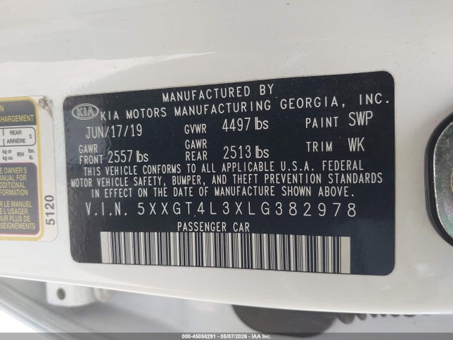 Aukcja sprzedaży 2020 Kia Optima Lx, vin: 5XXGT4L3XLG382978, numer aukcji: 45058291