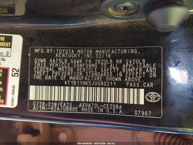 Продаж на аукціоні авто 2018 Toyota Camry Se, vin: 4T1B11HK5JU080211, номер лоту: 45058305