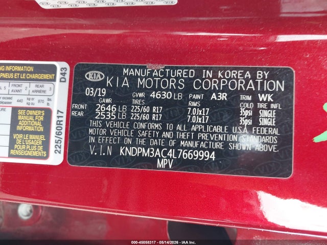45058317 :رقم المزاد ، KNDPM3AC4L7669994 vin ، 2020 Kia Sportage Lx مزاد بيع