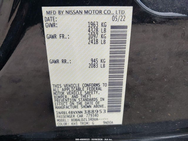 Продаж на аукціоні авто 2022 Nissan Altima S Fwd, vin: 1N4BL4BVXNN388953, номер лоту: 45058323
