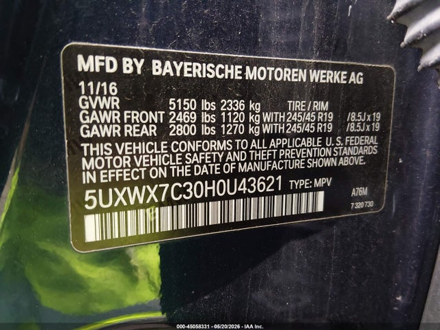 Продажа на аукционе авто 2017 Bmw X3 Xdrive35i, vin: 5UXWX7C30H0U43621, номер лота: 45058331