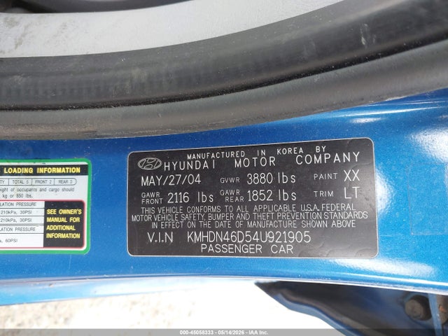 Продаж на аукціоні авто 2004 Hyundai Elantra Gls/gt, vin: KMHDN46D54U921905, номер лоту: 45058333