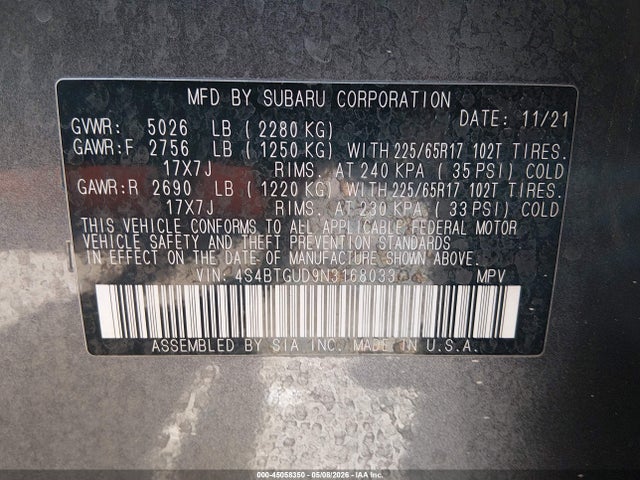 45058350 :رقم المزاد ، 4S4BTGUD9N3168033 vin ، 2022 Subaru Outback Wilderness مزاد بيع