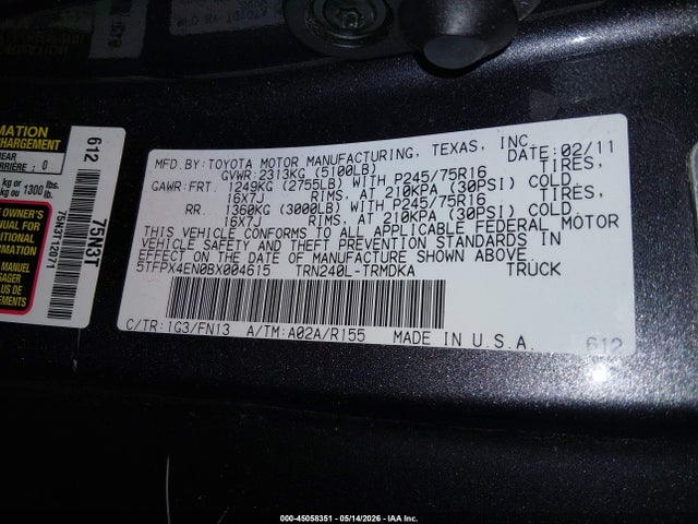 45058351 :رقم المزاد ، 5TFPX4EN0BX004615 vin ، 2011 Toyota Tacoma مزاد بيع