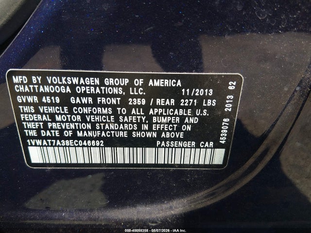 Продаж на аукціоні авто 2014 Volkswagen Passat 1.8t S, vin: 1VWAT7A38EC046692, номер лоту: 45058358