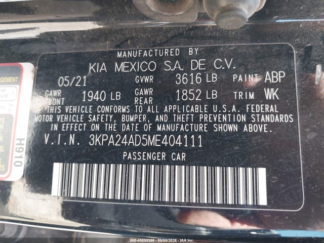 Aukcja sprzedaży 2021 Kia Rio Lx, vin: 3KPA24AD5ME404111, numer aukcji: 45058366
