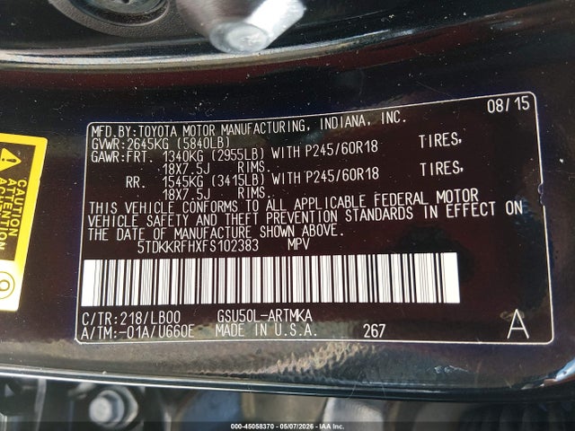 5TDKKRFHXFS102383 Toyota Highlander Xle V6