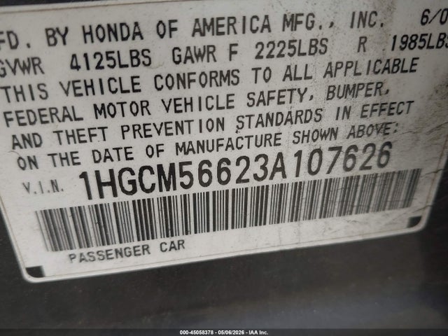 45058378 :رقم المزاد ، 1HGCM56623A107626 vin ، 2003 Honda Accord 2.4 Ex مزاد بيع